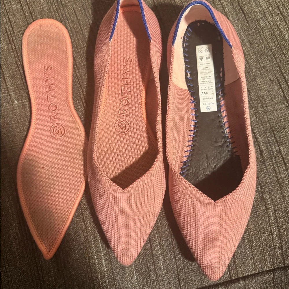 Rothy's Pointed Knit Flats in Coral with Blue Accent - Picture 2 of 4